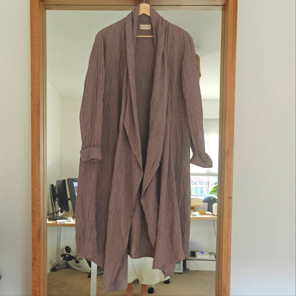 Ovate wrinkled linen Mauve long jacket duster